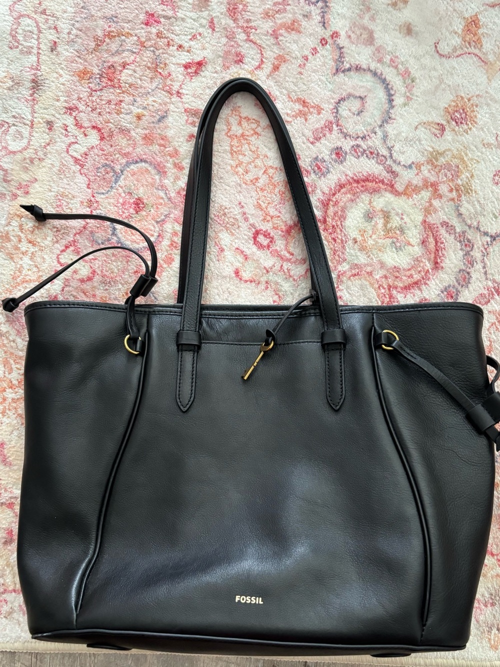 Fossil Black Leather Double-Handle Tote with Gold Hardware